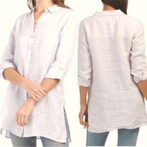 Tahari Essentials 100% Linen White Tunic Blouse with Abalone Shell Buttons, Sz.S